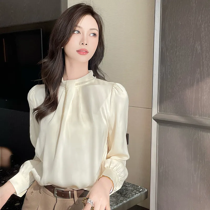 Long Sleeve Solid Color Satin Blouse Perfect for Any Occasion