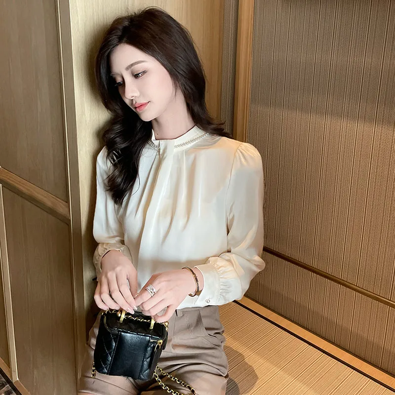 Long Sleeve Solid Color Satin Blouse Perfect for Any Occasion
