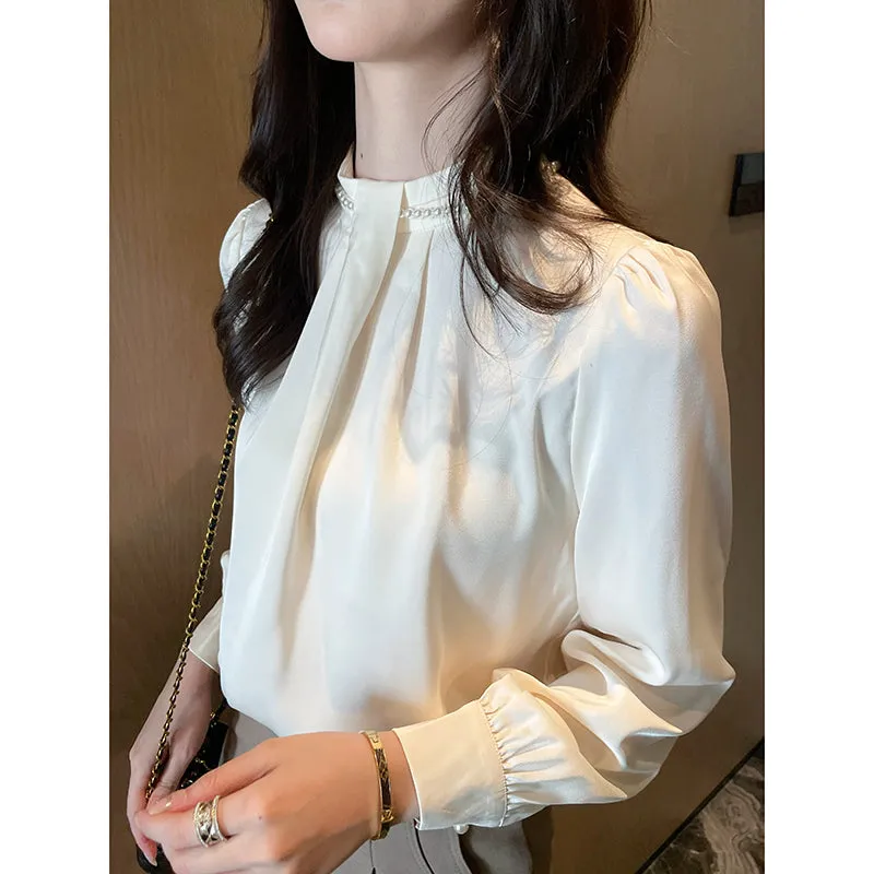 Long Sleeve Solid Color Satin Blouse Perfect for Any Occasion