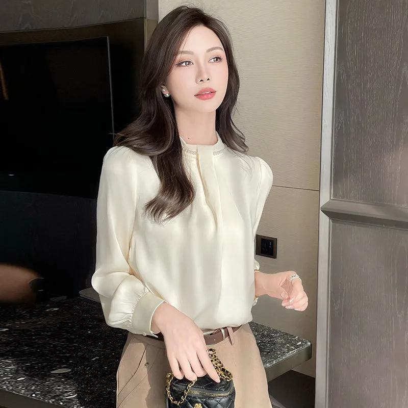Long Sleeve Solid Color Satin Blouse Perfect for Any Occasion