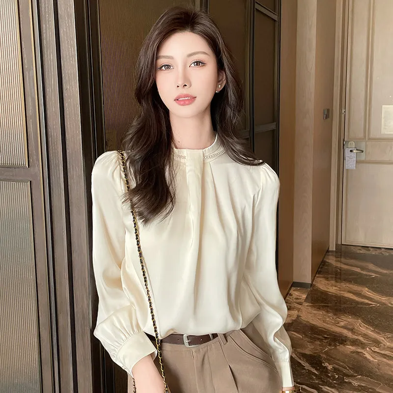 Long Sleeve Solid Color Satin Blouse Perfect for Any Occasion