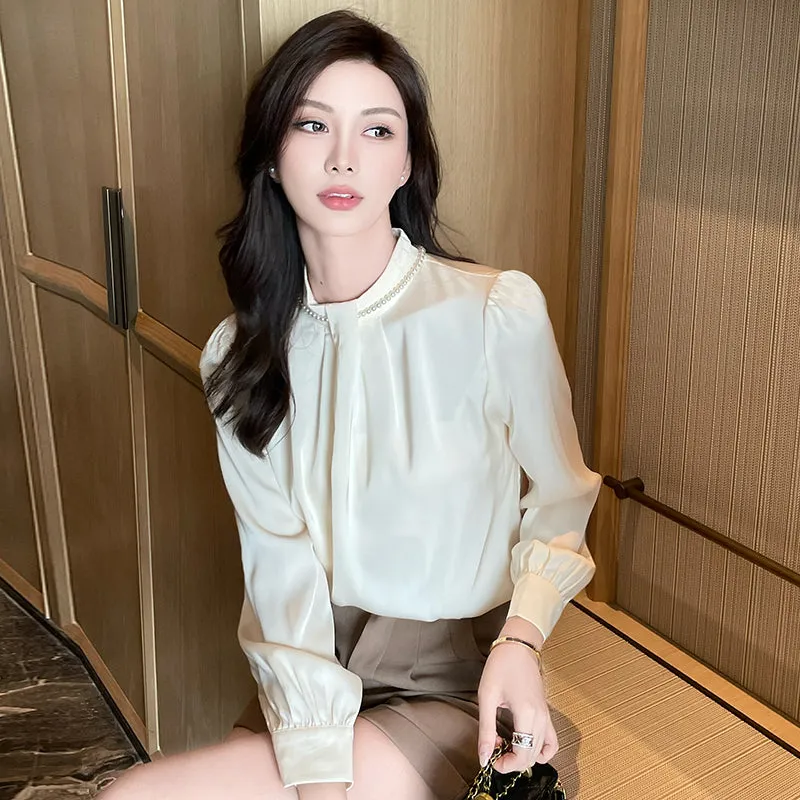 Long Sleeve Solid Color Satin Blouse Perfect for Any Occasion