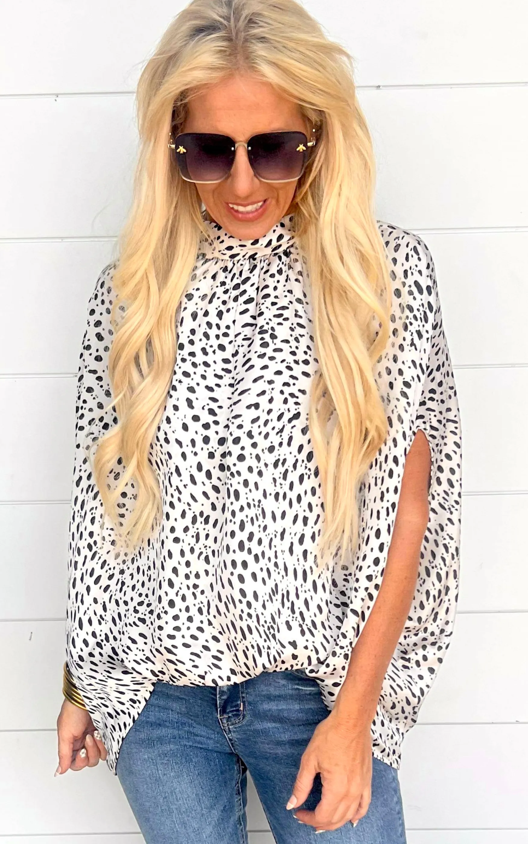 Luminous Satin Mock Neck Caftan Top
