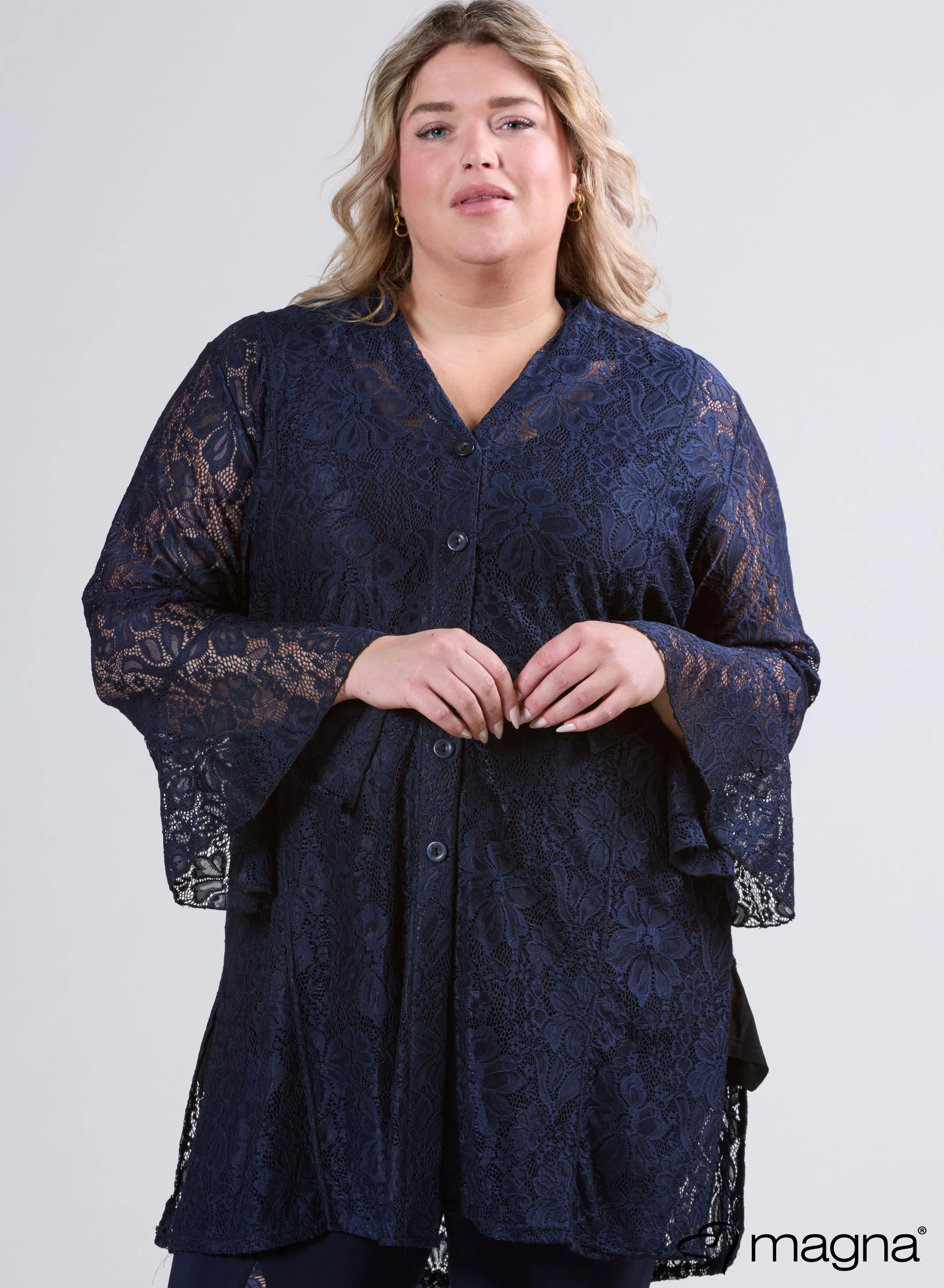 Magna Long Lace Buttoned Blouse Navy