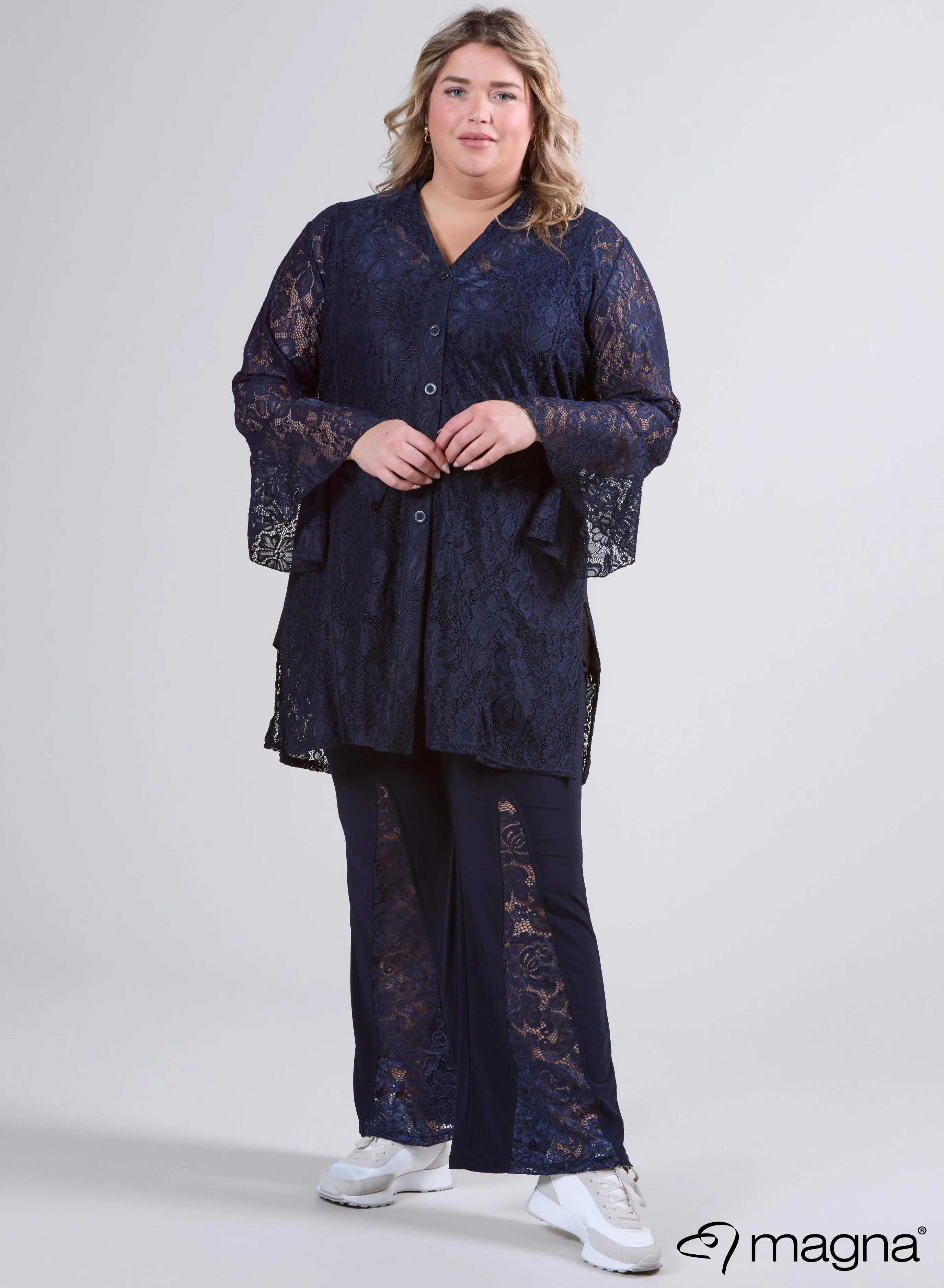 Magna Long Lace Buttoned Blouse Navy