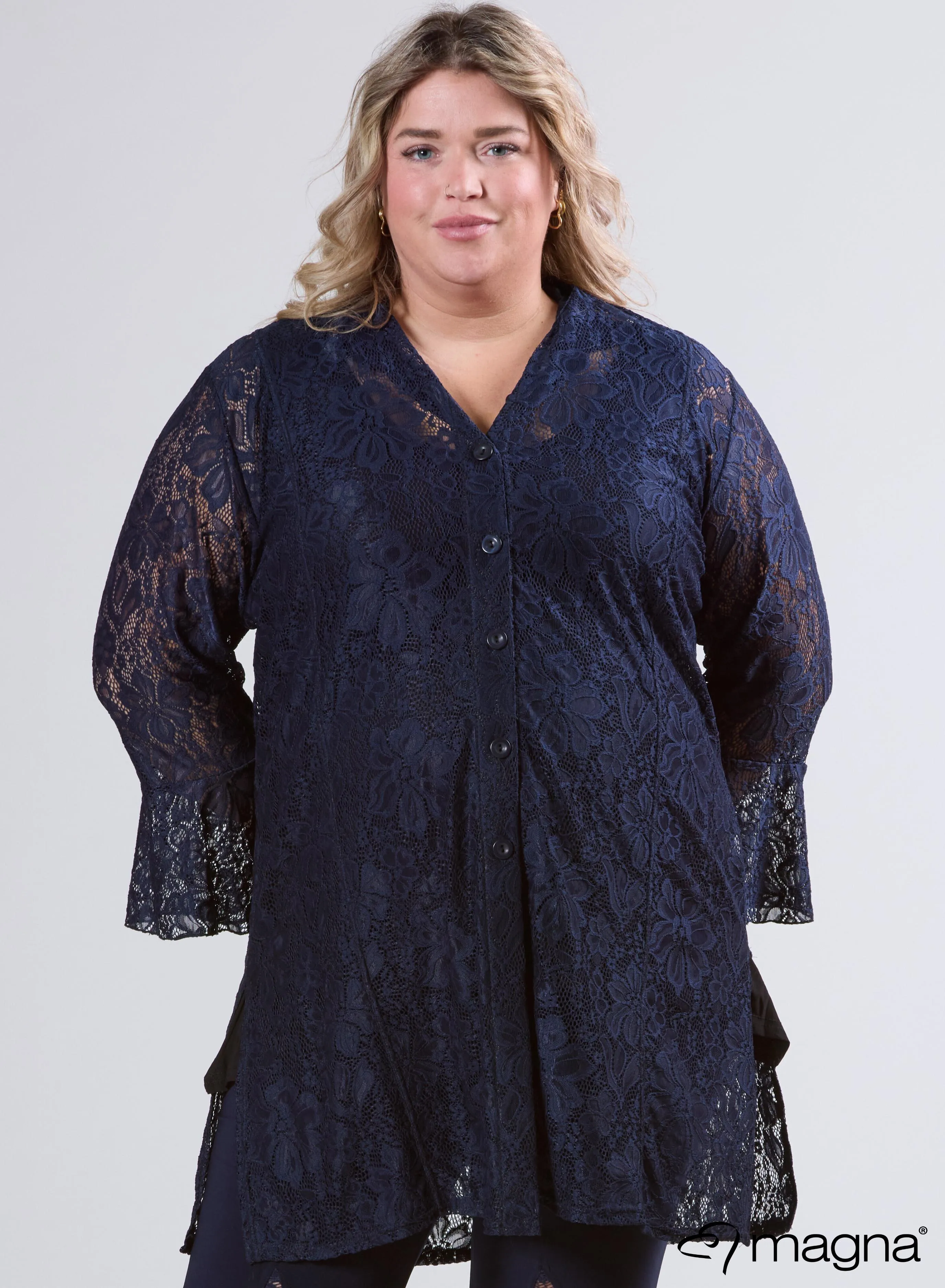 Magna Long Lace Buttoned Blouse Navy