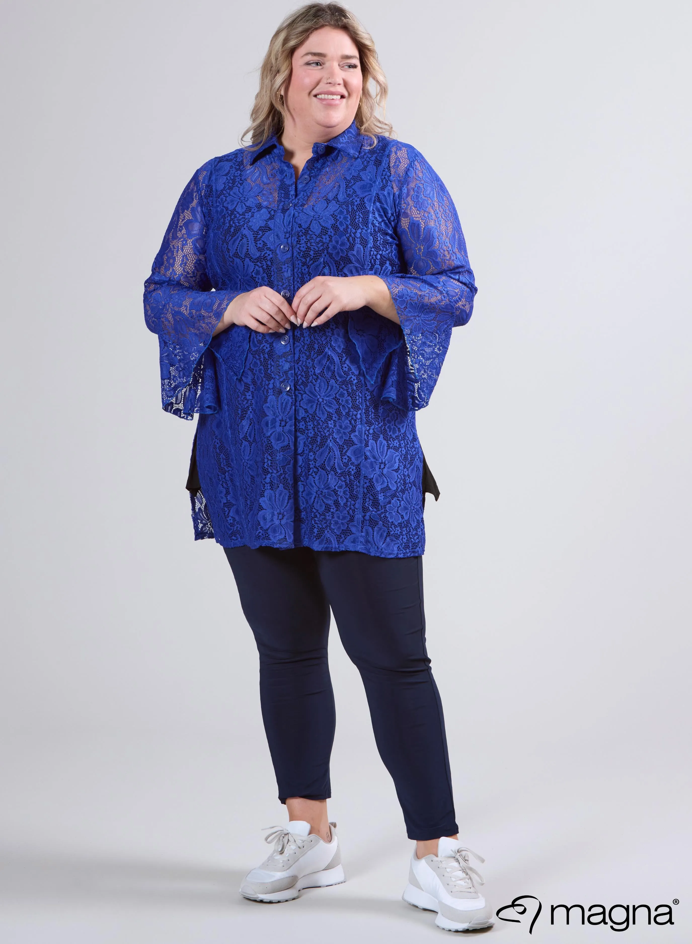 Magna Long Lace Buttoned Blouse Royal Blue