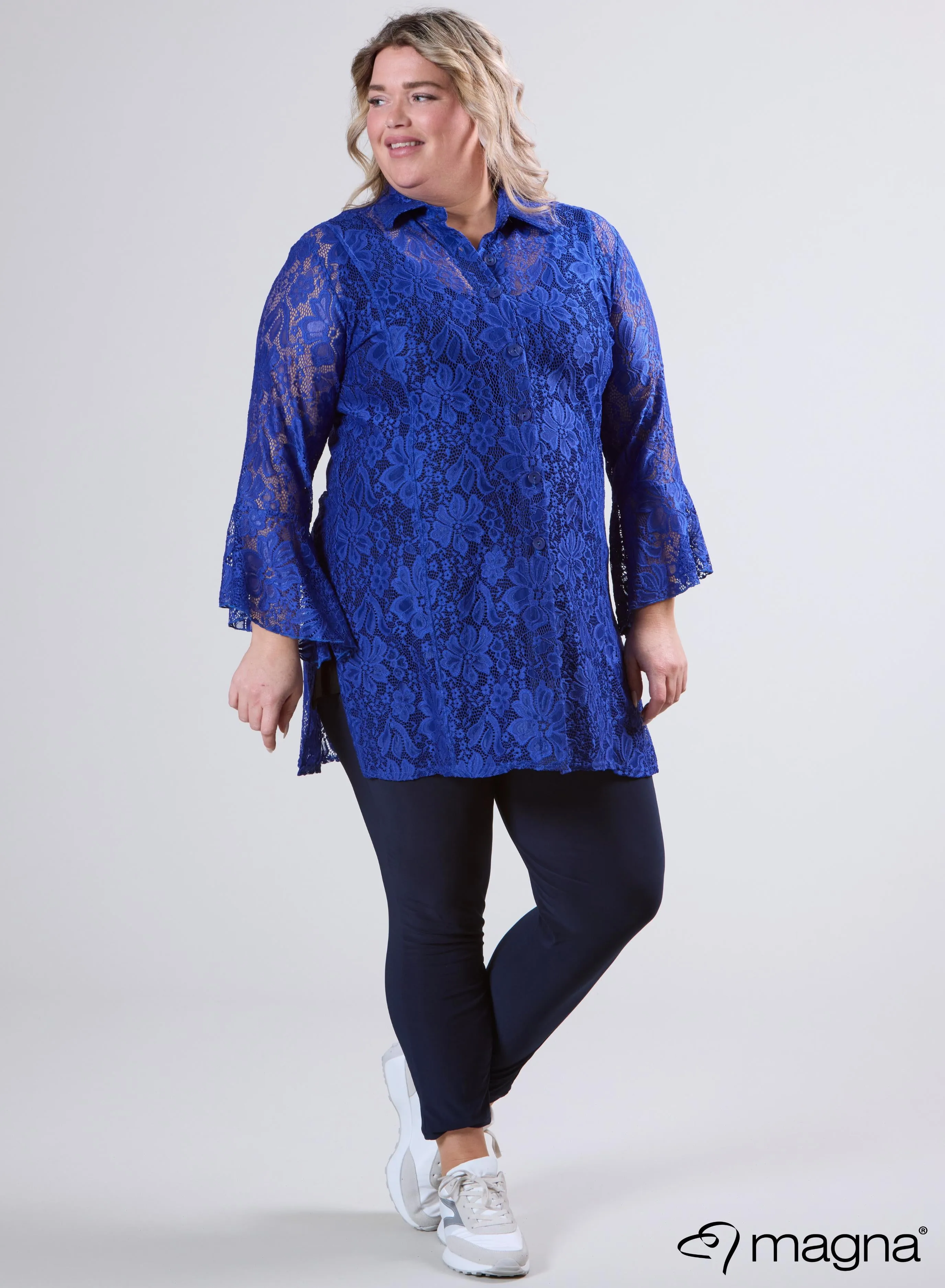 Magna Long Lace Buttoned Blouse Royal Blue
