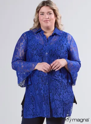 Magna Long Lace Buttoned Blouse Royal Blue