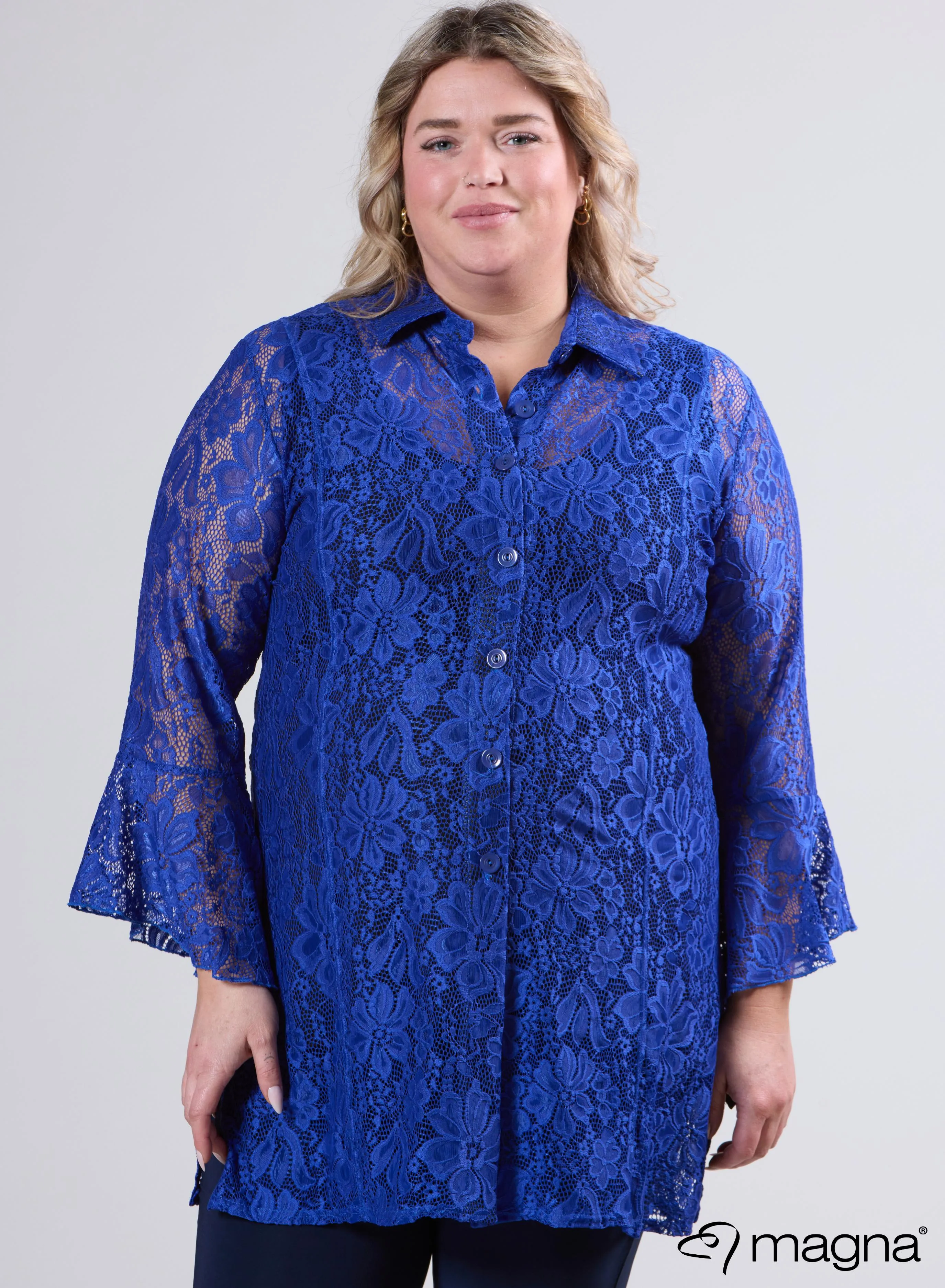 Magna Long Lace Buttoned Blouse Royal Blue