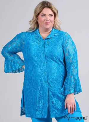 Magna Long Lace Buttoned Blouse Turquoise