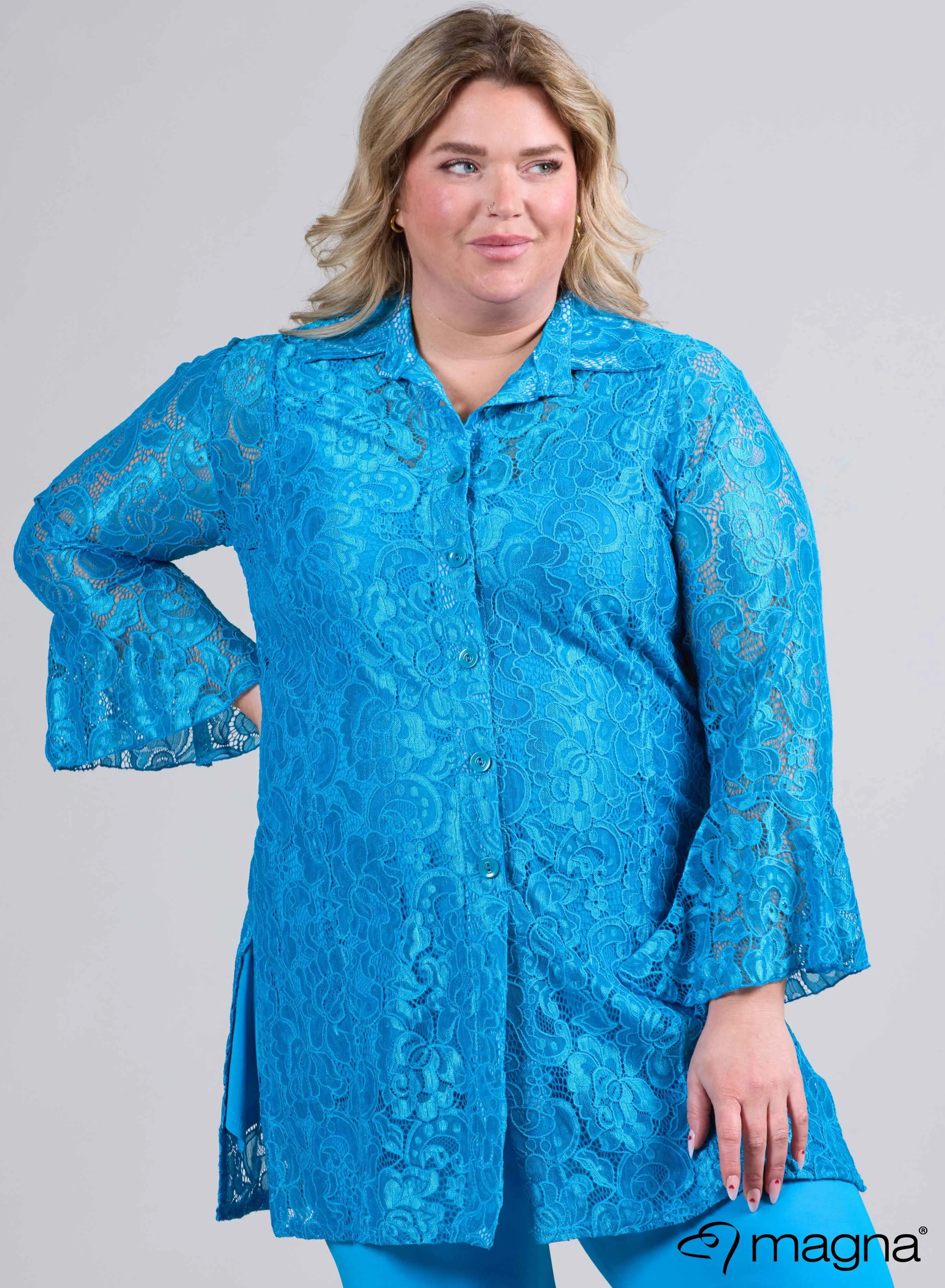 Magna Long Lace Buttoned Blouse Turquoise