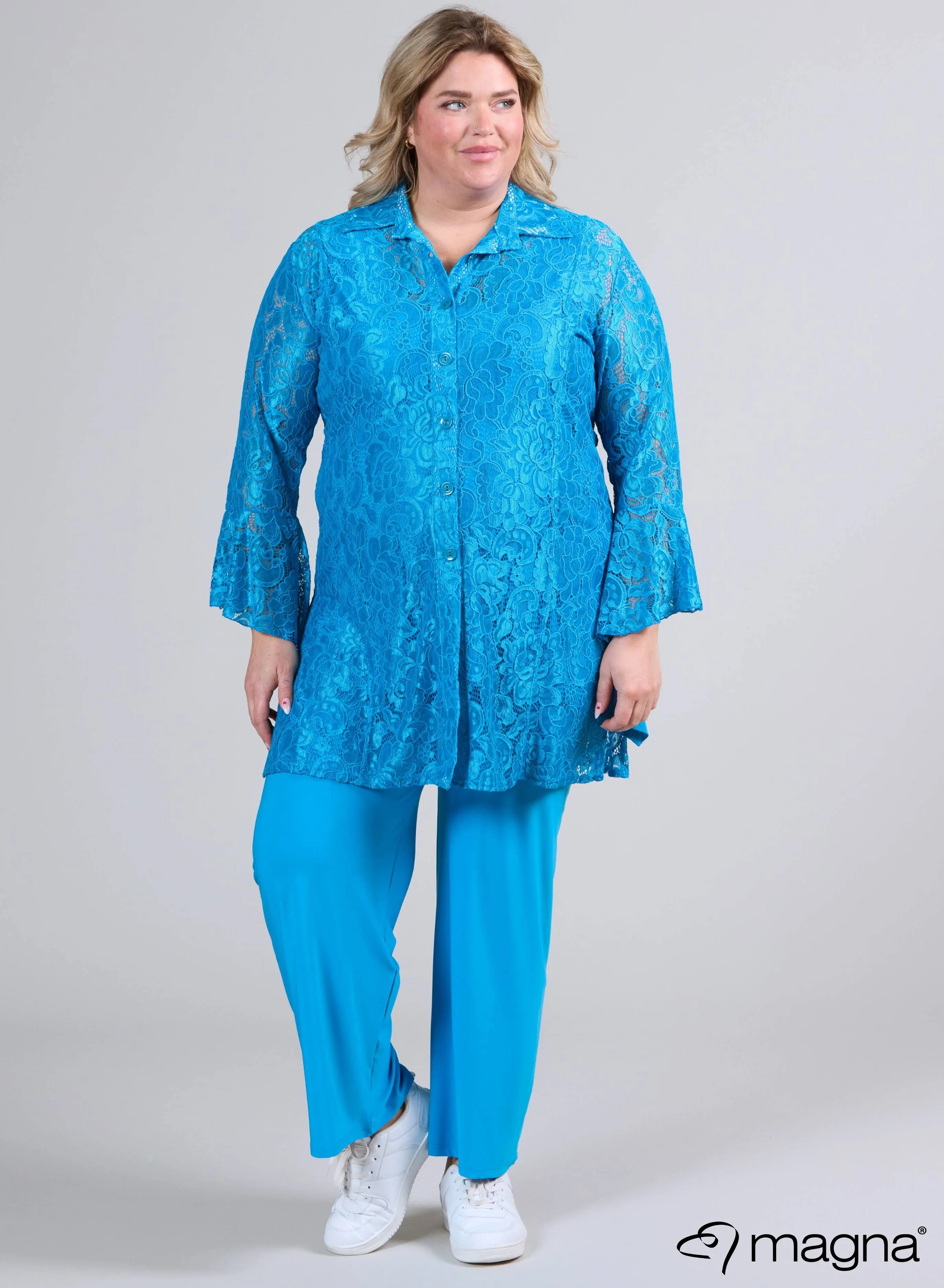 Magna Long Lace Buttoned Blouse Turquoise