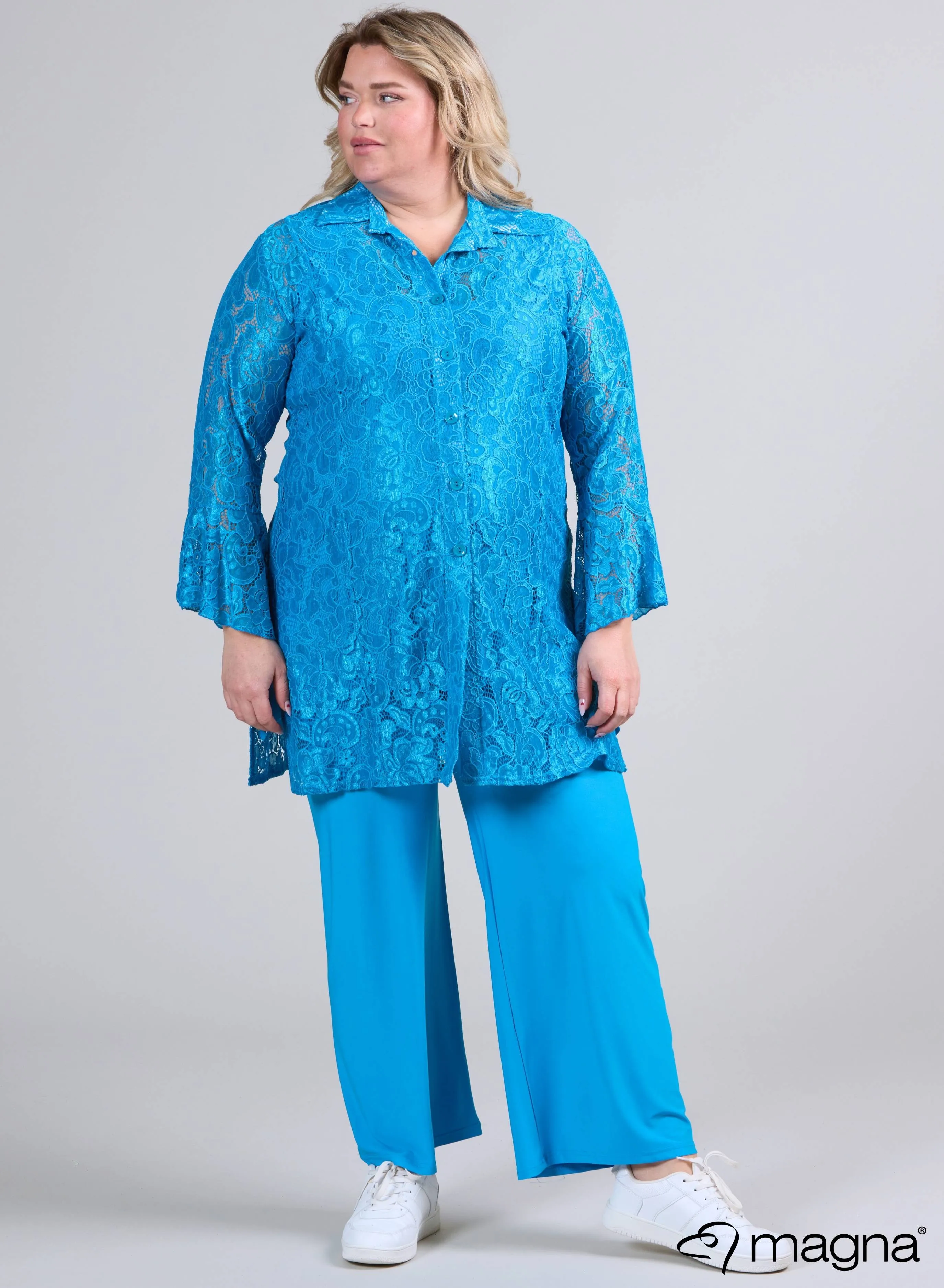 Magna Long Lace Buttoned Blouse Turquoise