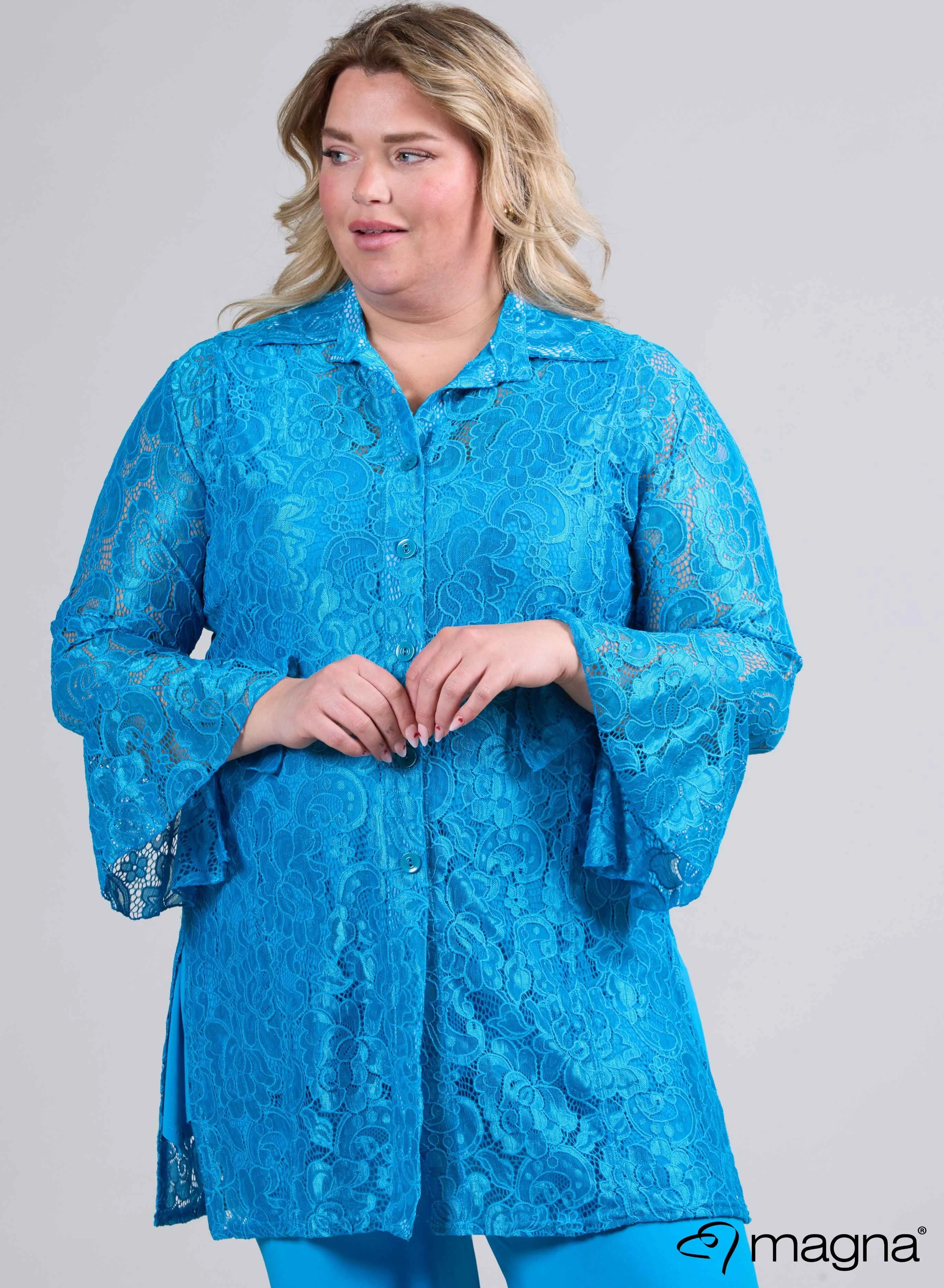 Magna Long Lace Buttoned Blouse Turquoise