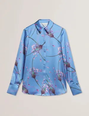 Mariga Printed Longline Satin Shirt Lt-Blue