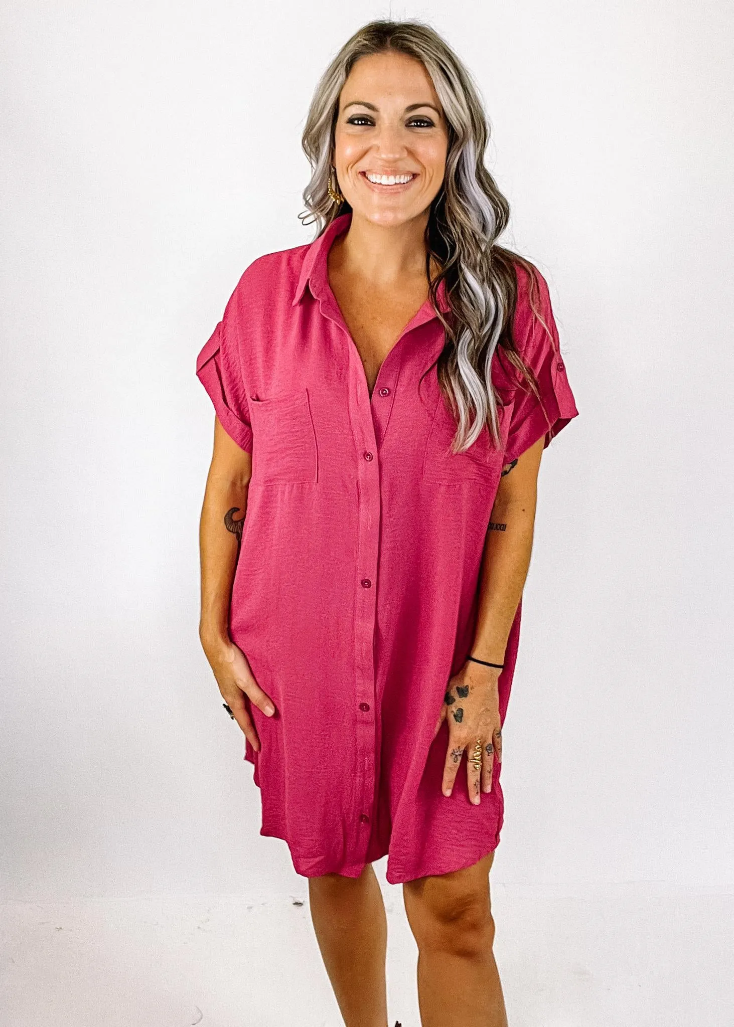 Mauve Drop Shoulder Button Up Dress