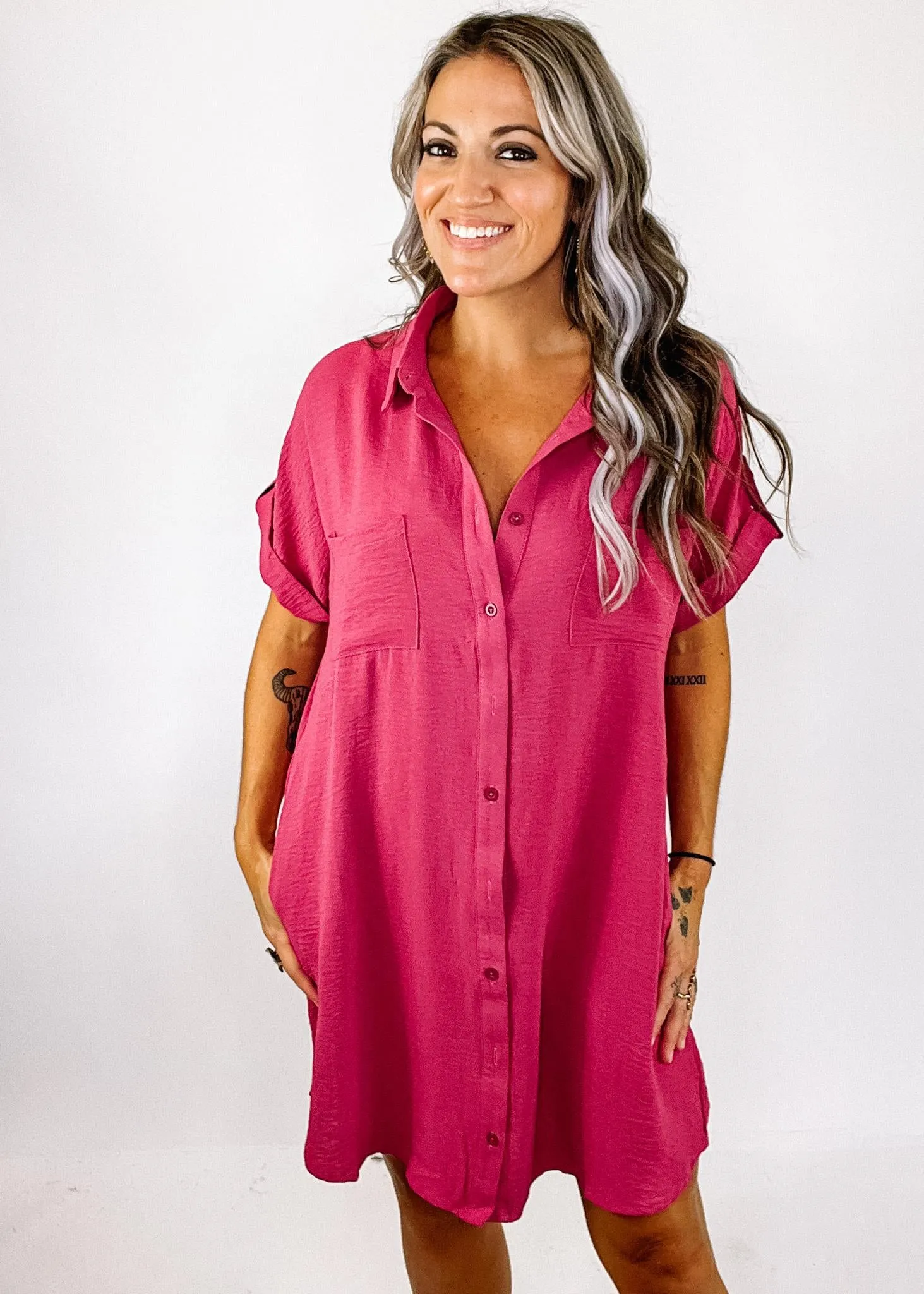 Mauve Drop Shoulder Button Up Dress