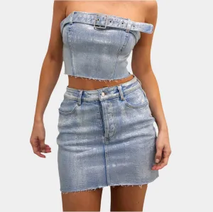 Metallic Denim Mini Skirt