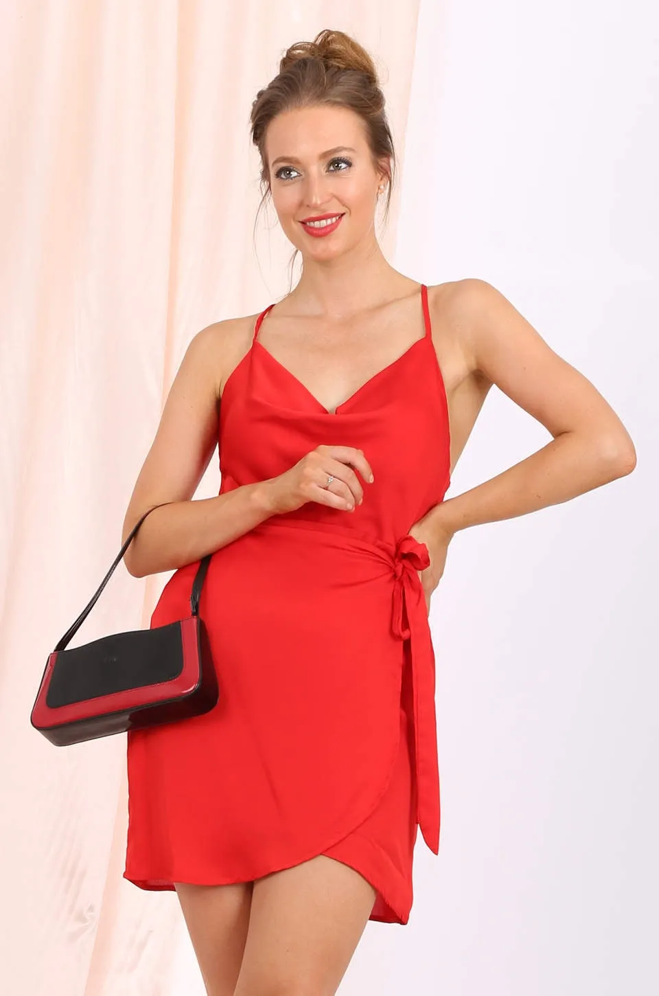 MISS PINKI Jasmine ruffle open back party cocktail Dress in Red