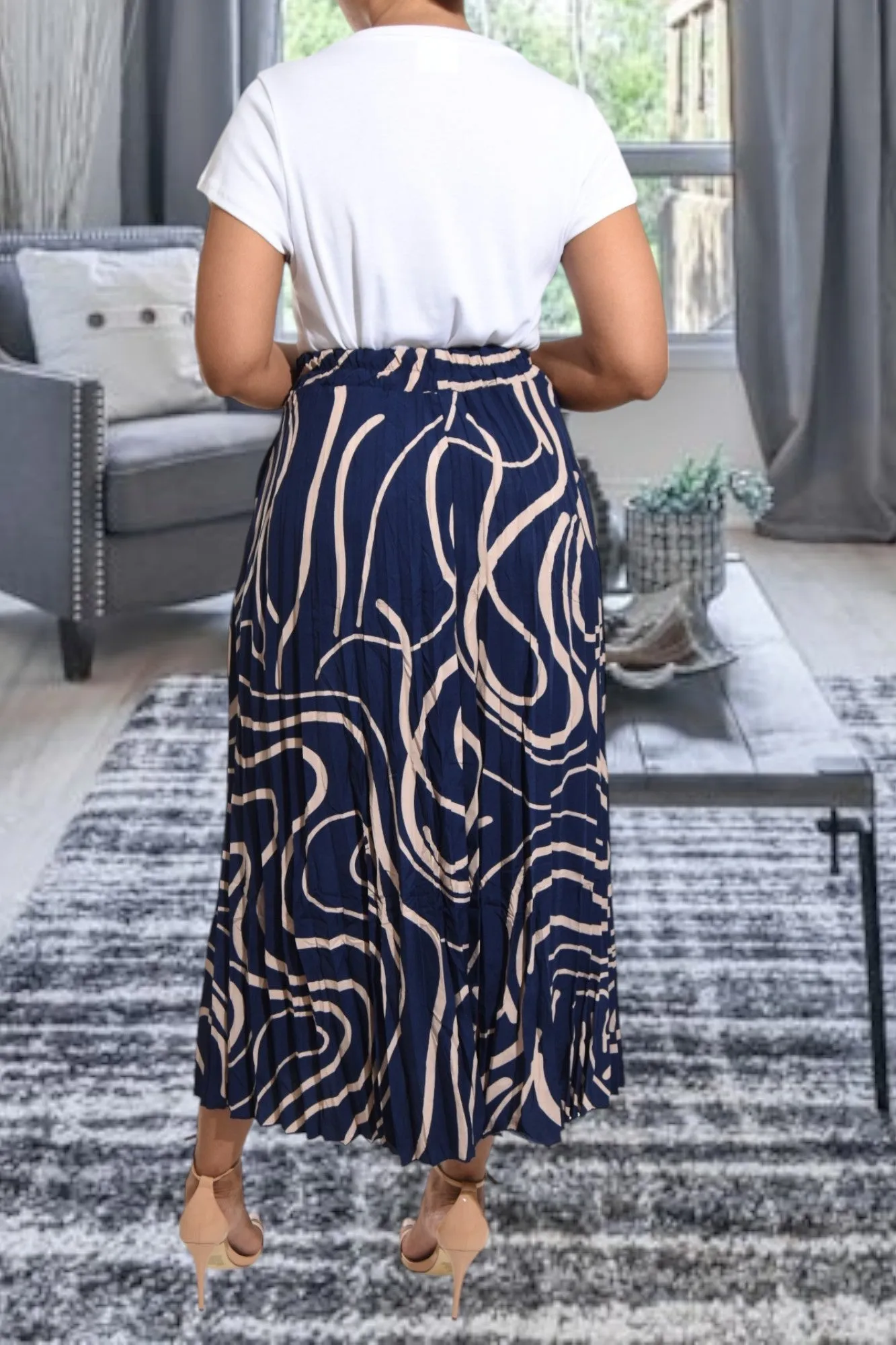 Navy Long Pocket Pleated Skirt