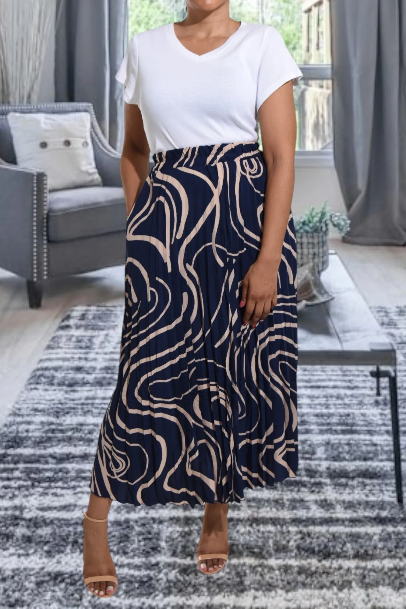 Navy Long Pocket Pleated Skirt