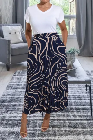 Navy Long Pocket Pleated Skirt