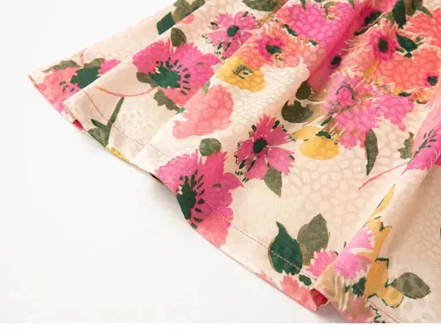 New Spring Summer Retro Pattern Midi Floral Pleated Skirt