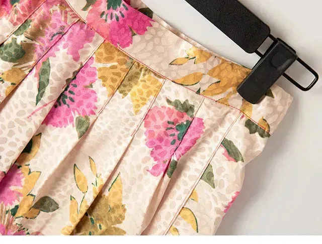 New Spring Summer Retro Pattern Midi Floral Pleated Skirt