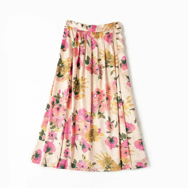 New Spring Summer Retro Pattern Midi Floral Pleated Skirt