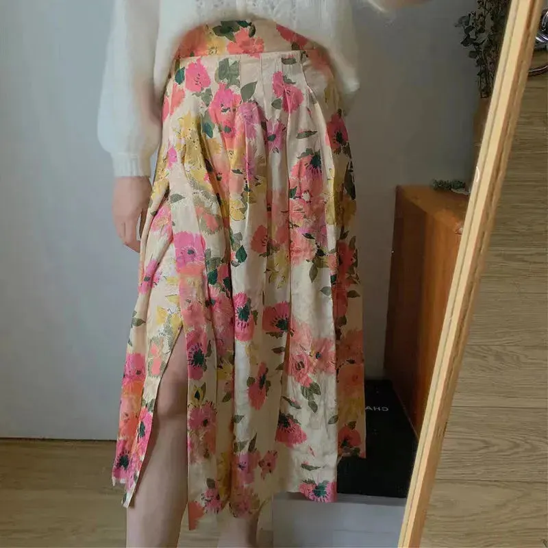 New Spring Summer Retro Pattern Midi Floral Pleated Skirt