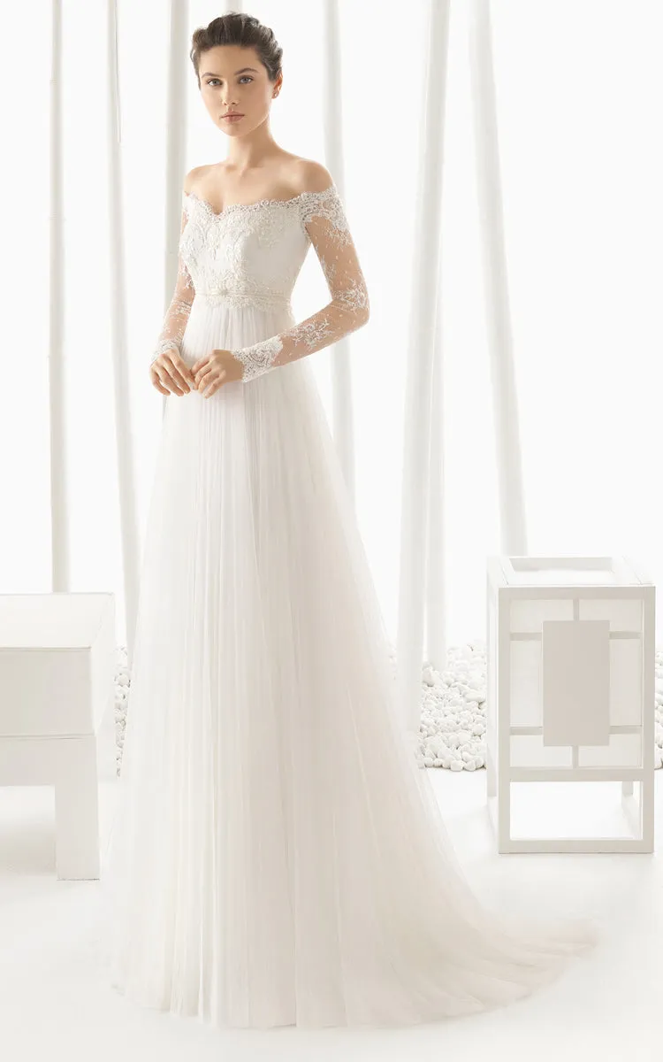 Off Shoulder Empire Designed Pleated Lace Dress With Long Illusion Sleeves-704003