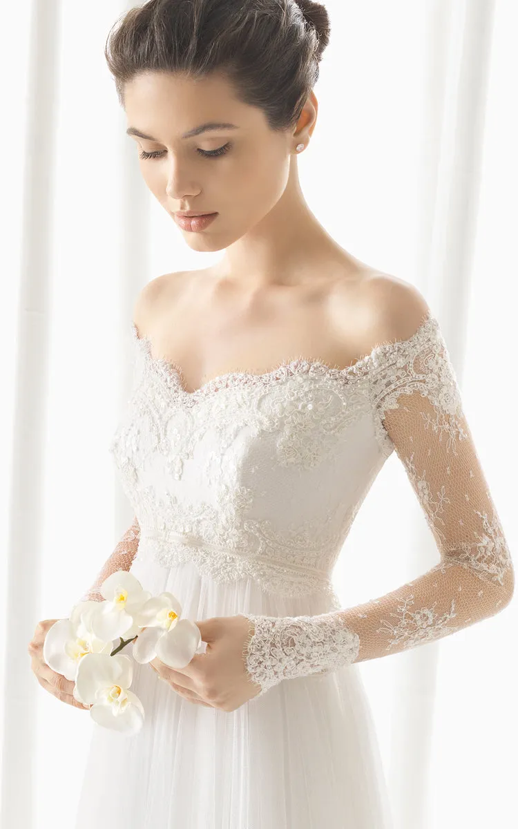 Off Shoulder Empire Designed Pleated Lace Dress With Long Illusion Sleeves-704003