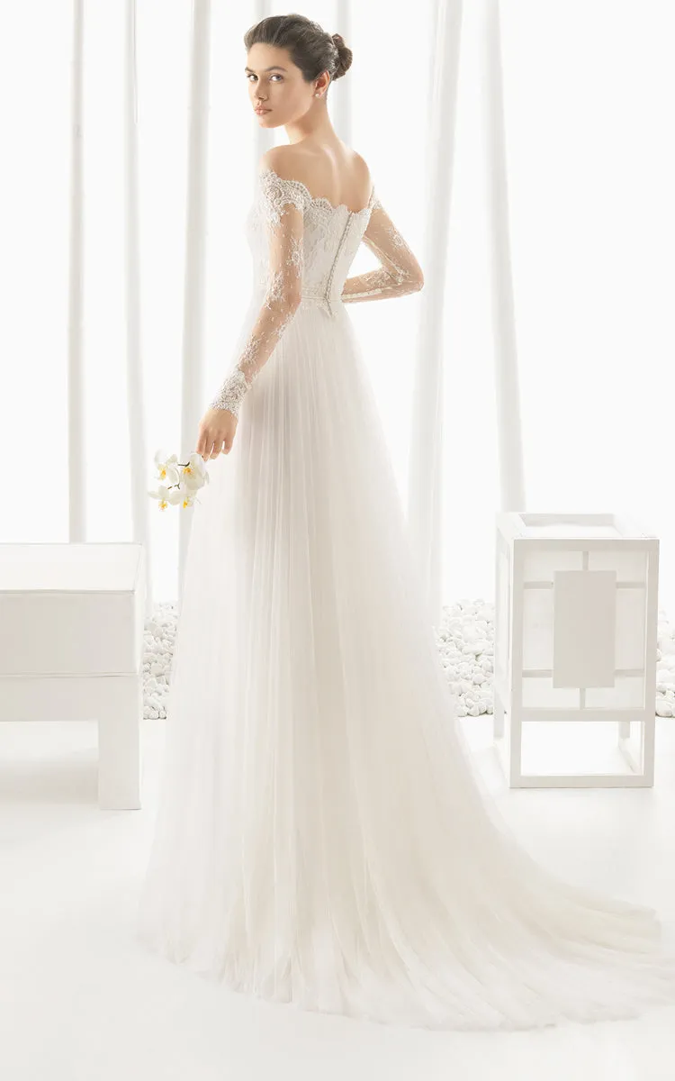 Off Shoulder Empire Designed Pleated Lace Dress With Long Illusion Sleeves-704003