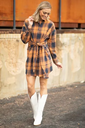 Orange and Navy Plaid Tie Waist Shirt Dress