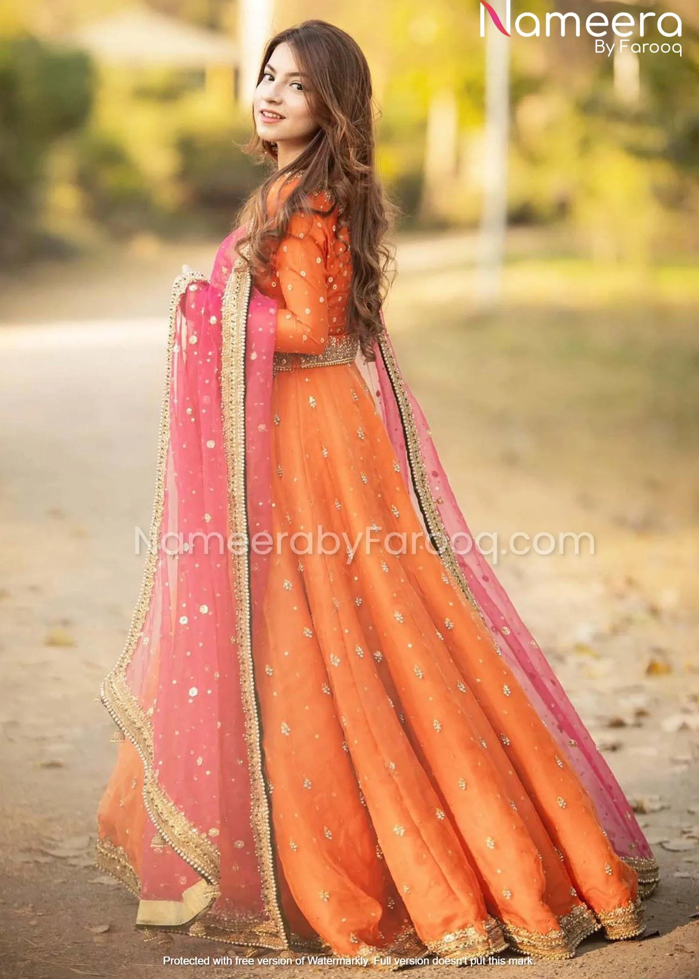 Orange Net Organza Pakistani Bridesmaid Dress #PN161