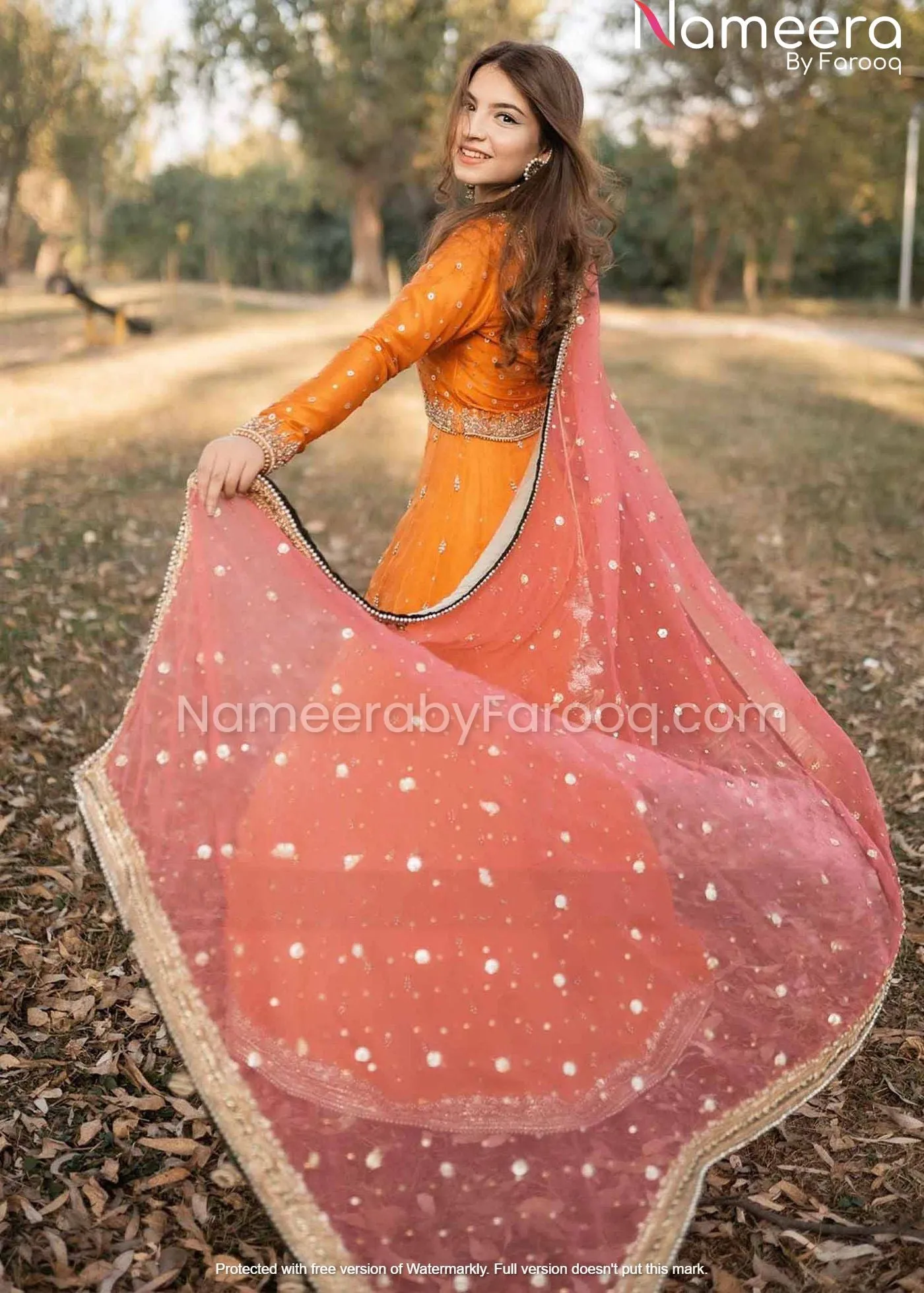 Orange Net Organza Pakistani Bridesmaid Dress #PN161