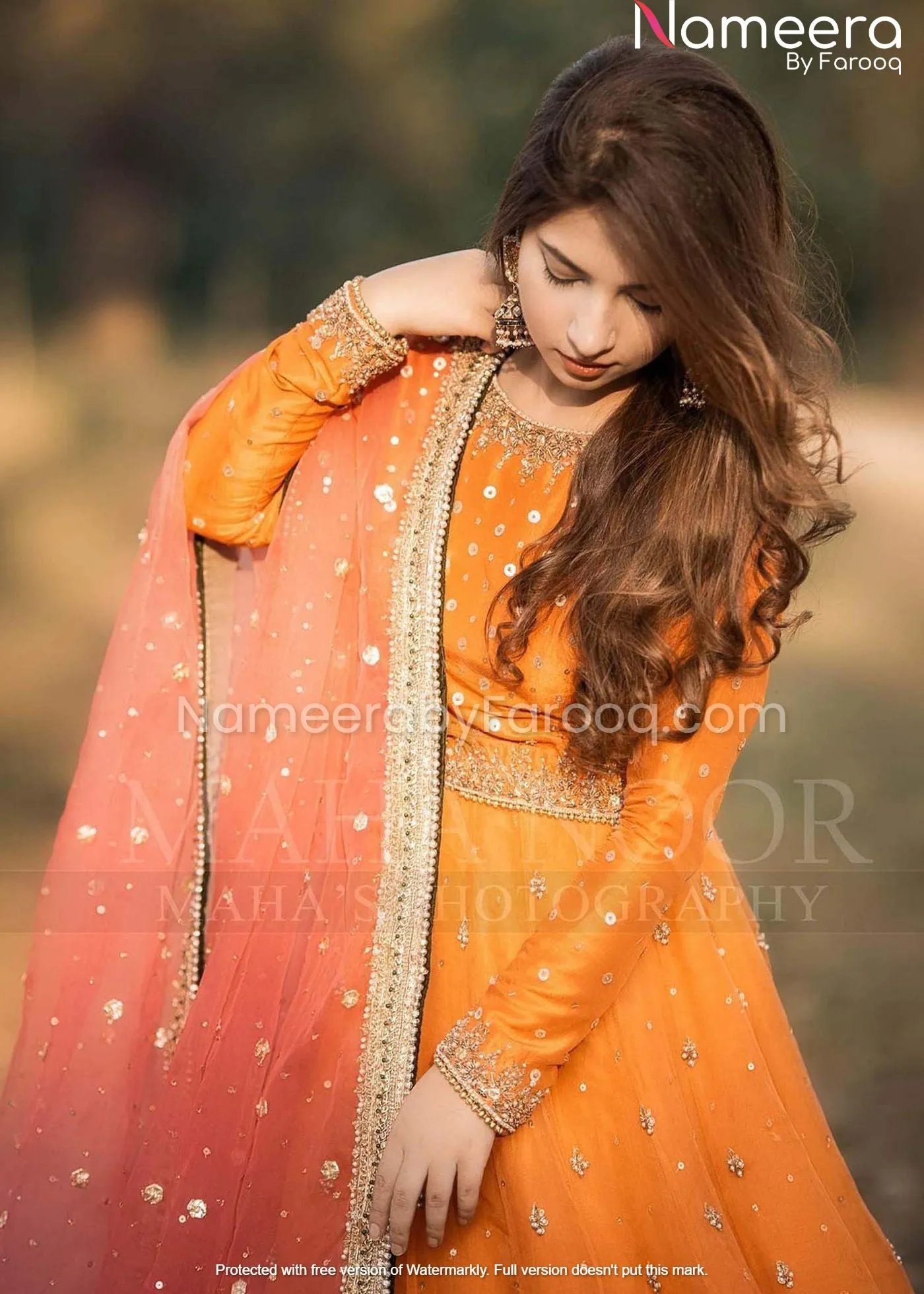 Orange Net Organza Pakistani Bridesmaid Dress #PN161