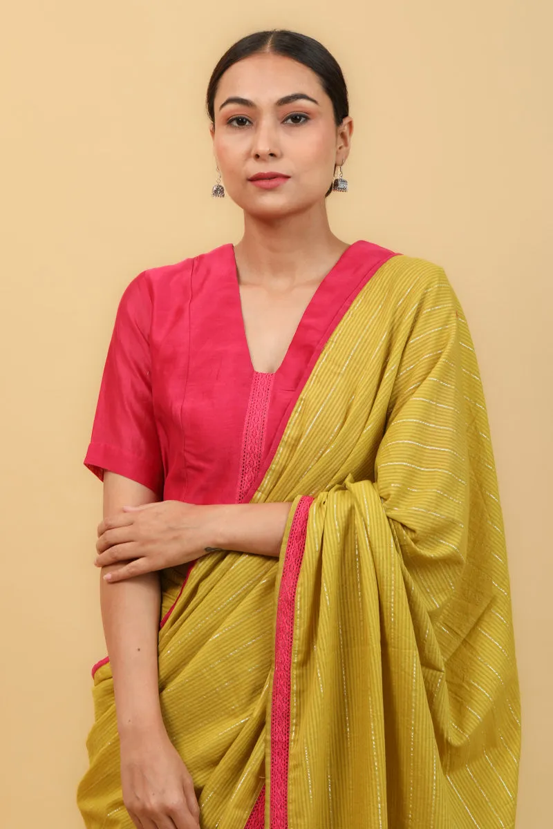 Pink Chanderi Blouse with Lace Inserts