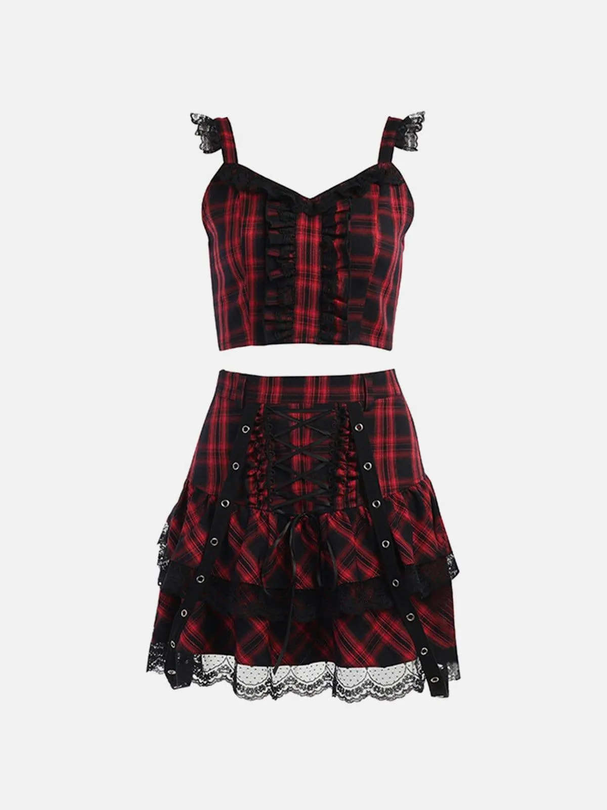 Plaid Lace Pleated Skirt Suit
