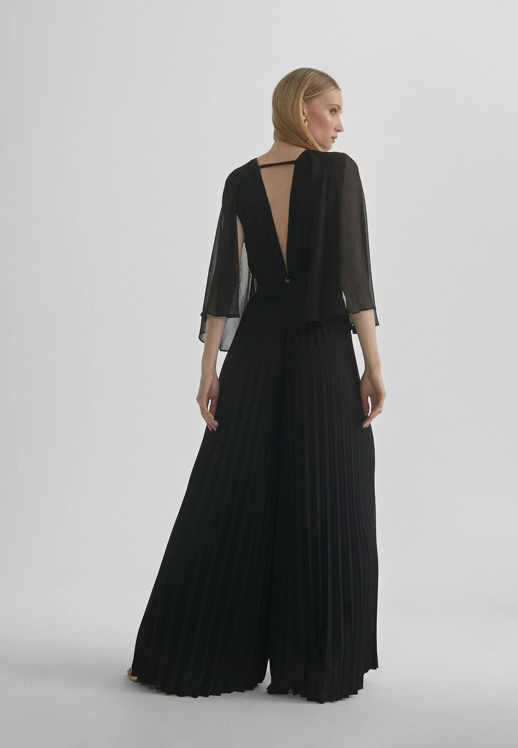 Pleated jumpsuit with cape sleeves