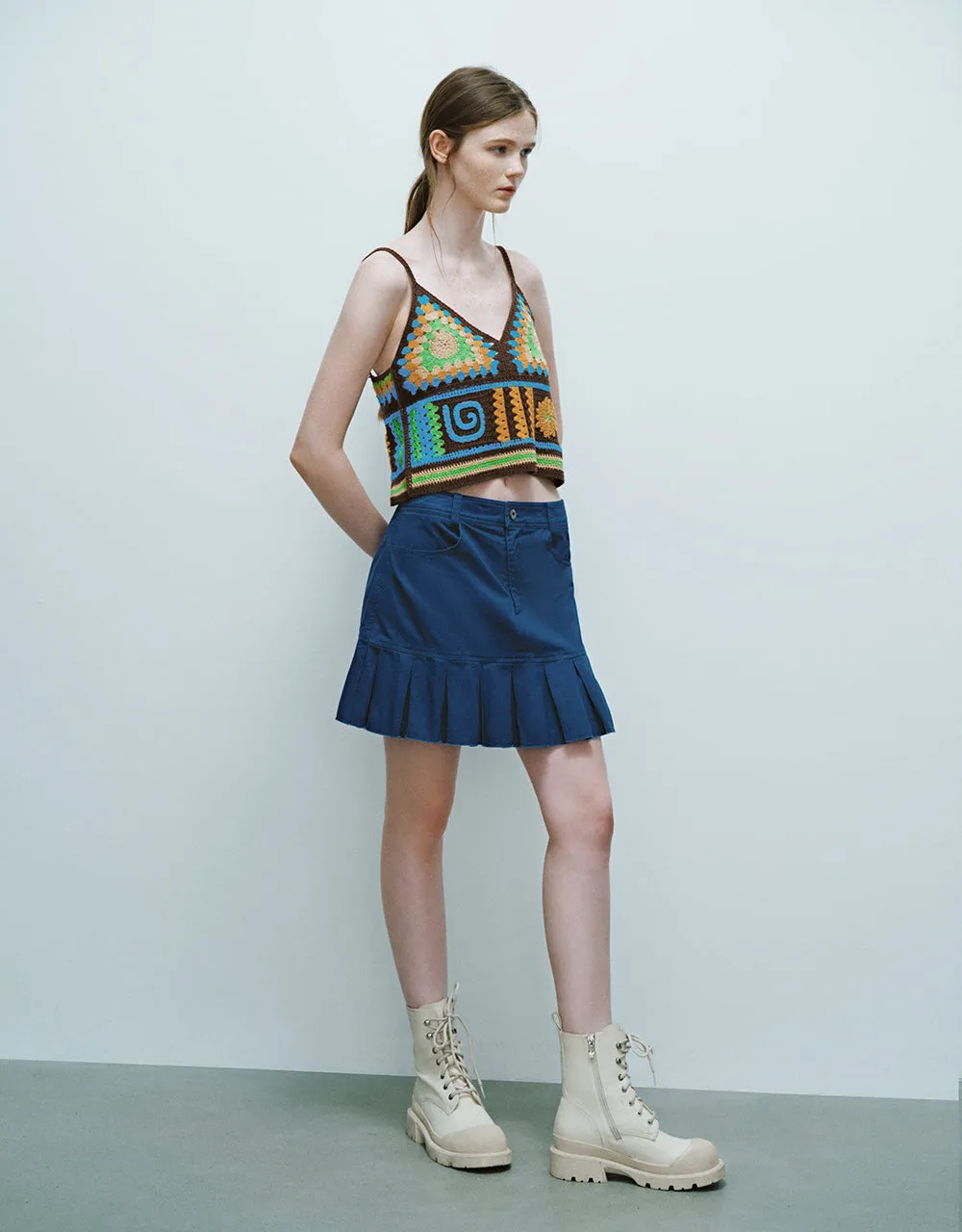 Pleated Mini A-Line Skirt