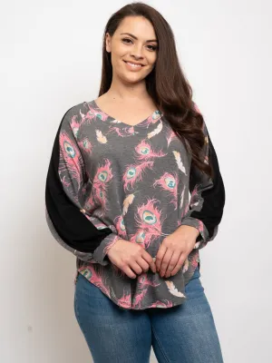 PLUS SIZE LONG SLEEVE PEACOCK PRINT TOP
