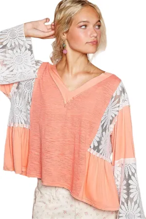 POL Lace Detail V-Neck Flare Sleeve Blouse