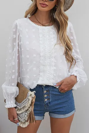 Polka Dot Lace Lantern Sleeve Blouse