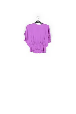 Purple short-sleeved top with rhinestone-encrusted buttons
