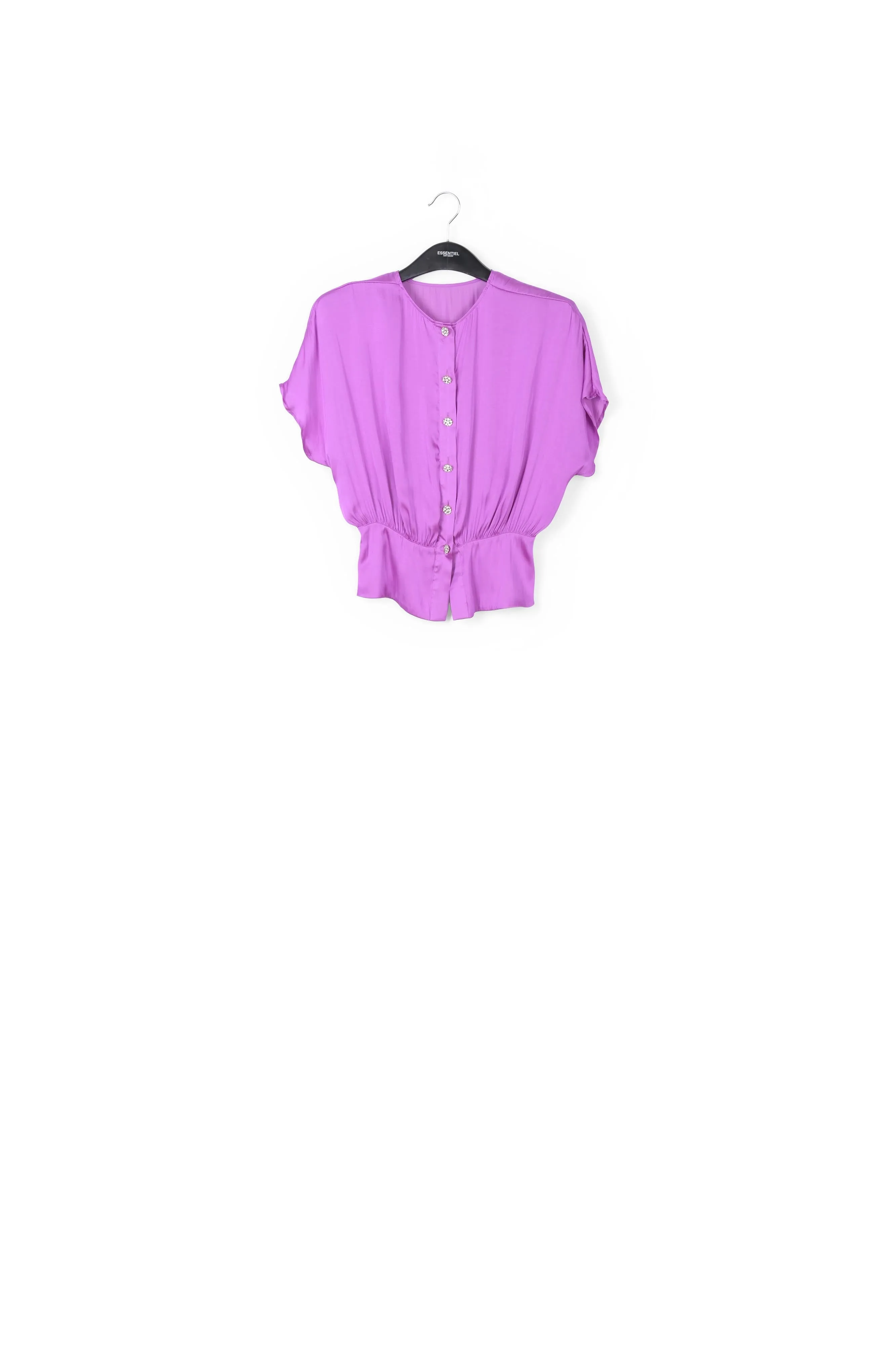 Purple short-sleeved top with rhinestone-encrusted buttons