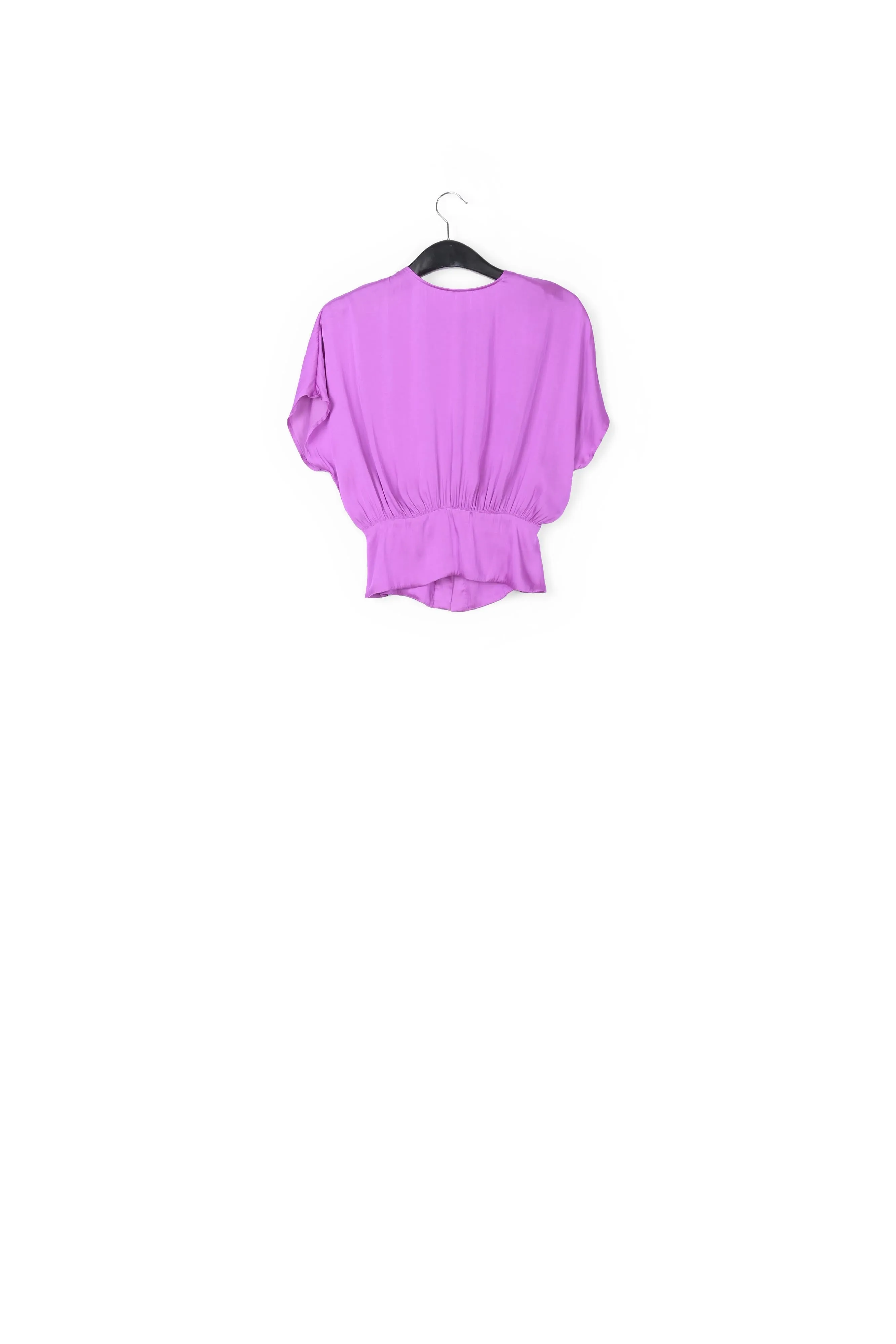 Purple short-sleeved top with rhinestone-encrusted buttons