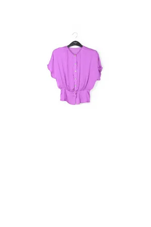 Purple short-sleeved top with rhinestone-encrusted buttons