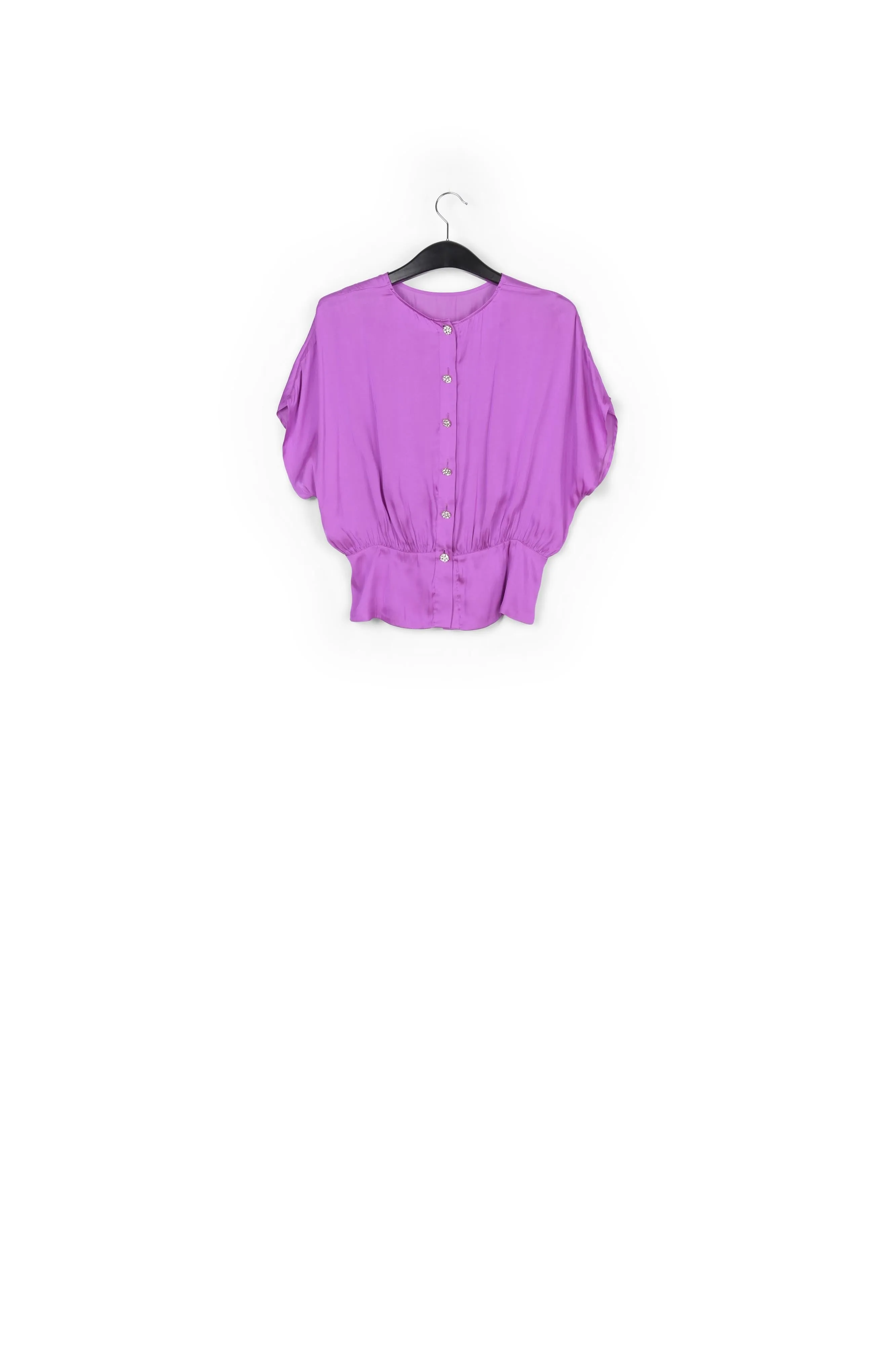 Purple short-sleeved top with rhinestone-encrusted buttons